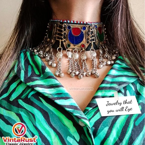 Afghan Kuchi Dangling Bells Choker Necklace, Ethnic Choker Necklace - Picture 2 of 8